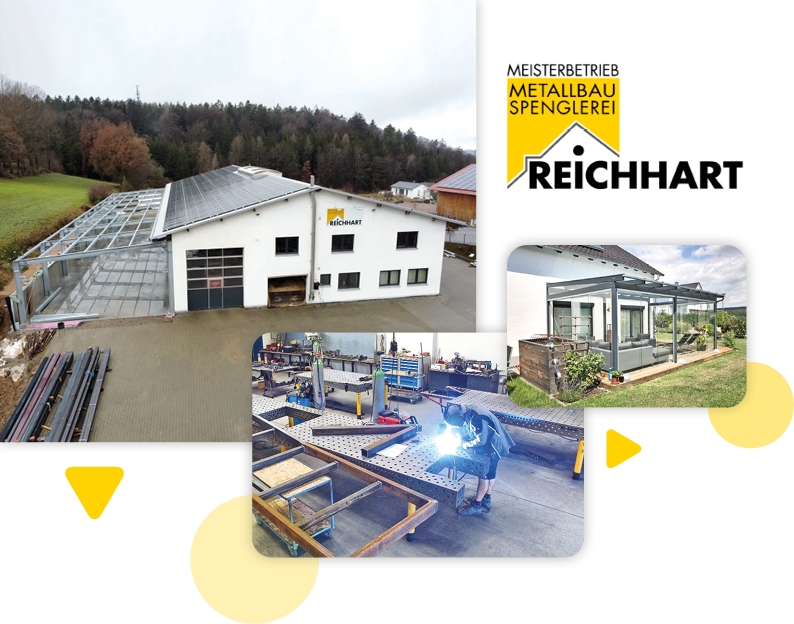 Außenansicht des Firmengebäudes von Metallbau Spenglerei Schlosserei Reichhart und Innenansicht der Werkstatt Außenansicht des Firmengebäudes von Metallbau Spenglerei Schlosserei Reichhart und Innenansicht der Werkstatt